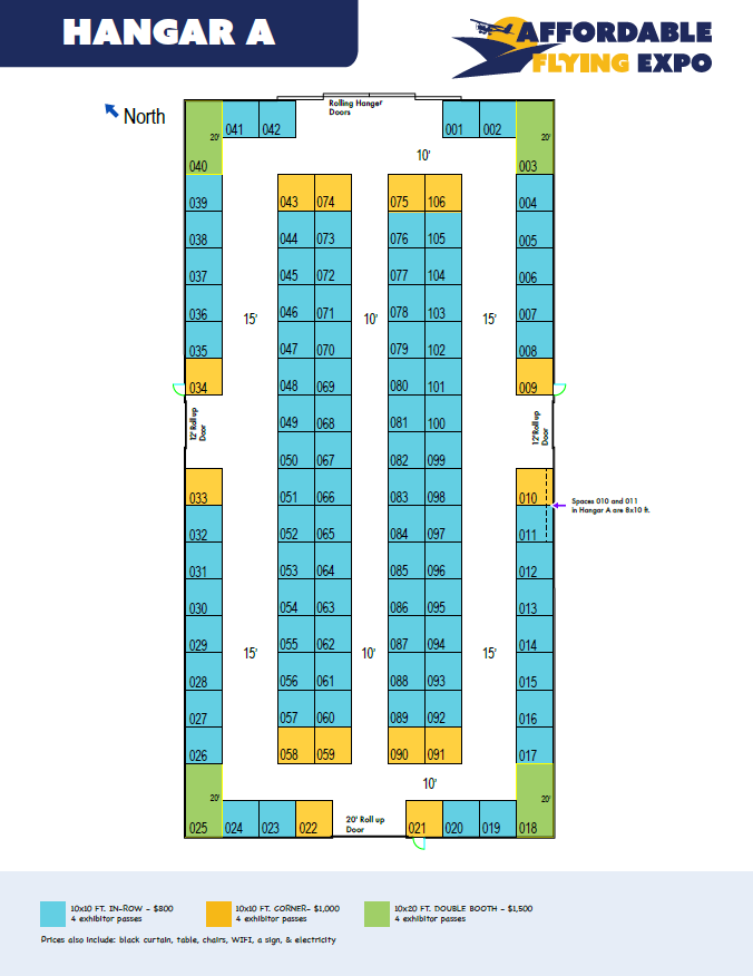 Map of interior exhibit space 'Hangar A' at the Affordable Flying Expo. The map is intended to show exhibitors which booths are available for them to rent while attending, and the 3 different price points for different types of booths - Standard, End-cap, and Double booth.